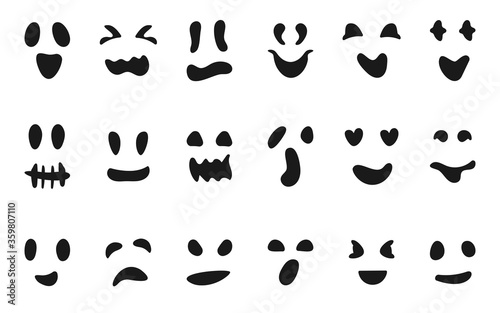 Set of carved silhouettes faces pumpkins or ghost. Black icons different shapes eyes mouths. Template for cutting pumpkin smile. Decor creepy funny cute Halloween Masks monsters. Vector illustration