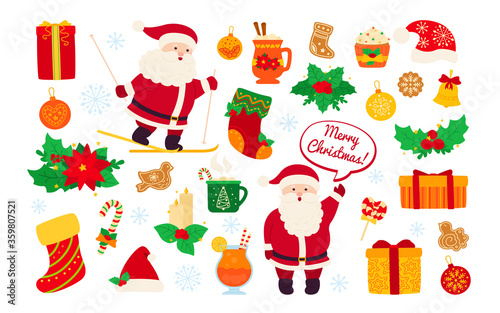 Christmas and New Year set. Holly, cupcake, bell, cup, hat, santa skiing and cookies gift. Flat cartoon design elements. New year and christmas objects collection. Isolated vector illustration