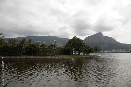 View of Corcovado mountain and Rio de Janeiro Skyline and coastline, Brazil.