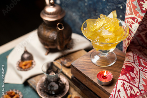 tasty tea and watermelon with wooden background