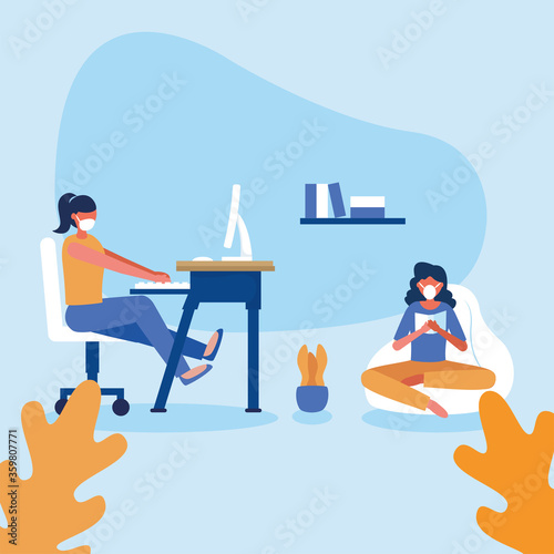 Office distancing between women with masks on desk and puf vector design