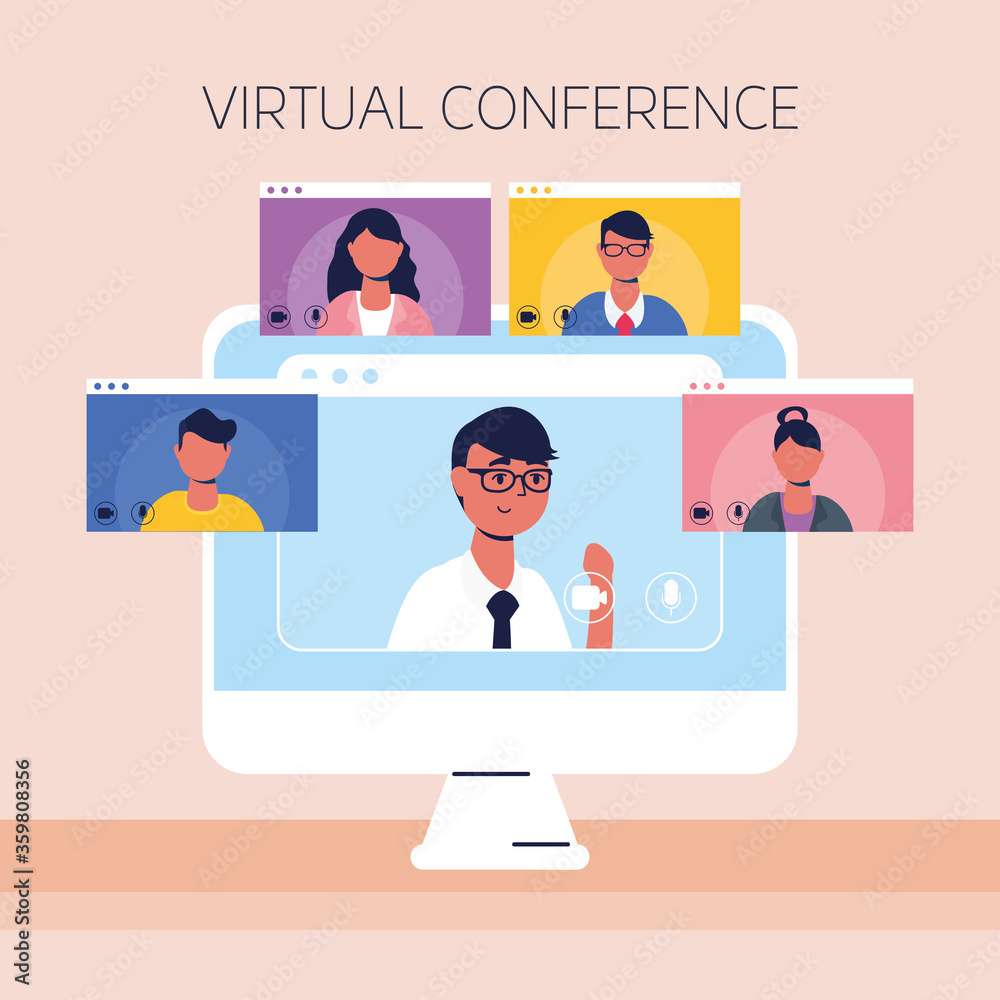man using desktop in virtual conference communication