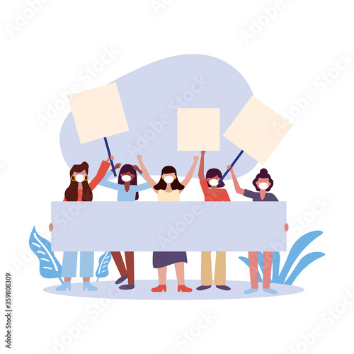 Women with medical masks and banners boards vector design