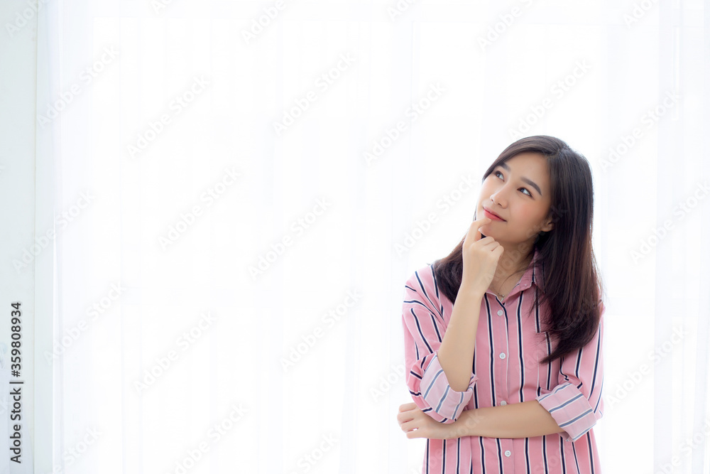 Portrait young asian woman think idea and inspiration in imagine with expressive, happy female teenage expression with presenting on curtain white background, creativity and dream, lifestyle concept. Portrait young asian woman think idea and inspiration in imagine with expressive, happy female teenage expression with presenting on curtain white background, creativity and dream, lifestyle concept.