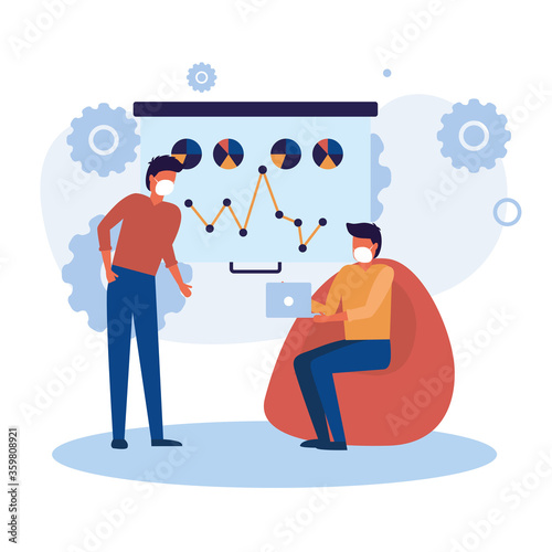 men with masks and infographic on board vector design