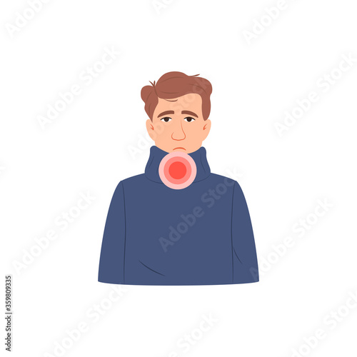 Sore throat pain, difficulty swallowing concept. Young caucasian man avatar with sore throat isolated on white backdrop. Flu common cold influenza infection disease symptom Medical vector illustration