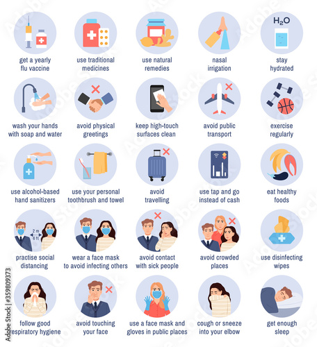 Flu prevention tips. Flat health protection infographic icons set in blue circles on white background. Flu virus, common cold infection coronavirus treatment healthcare and medical vector illustration
