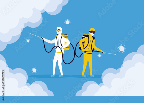 biosafety workers with sprayers disinfect