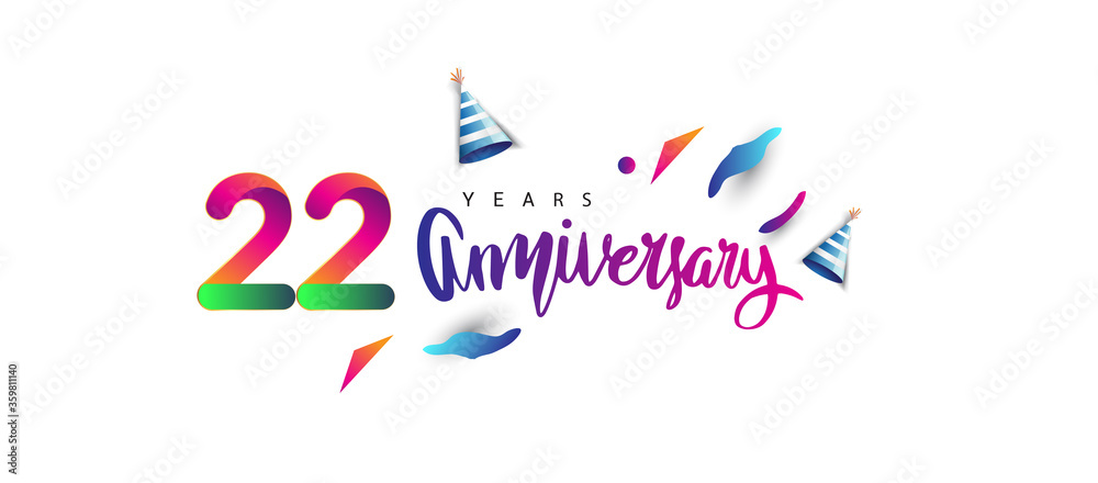 22nd anniversary celebration logotype and anniversary calligraphy text colorful design, celebration birthday design on white background.