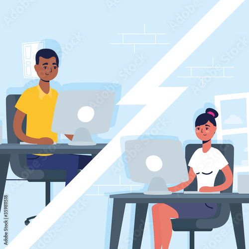 interracial couple using desktops in virtual conference communication
