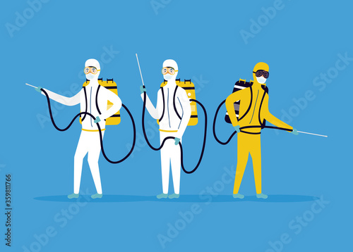 biosafety workers with sprayers disinfect