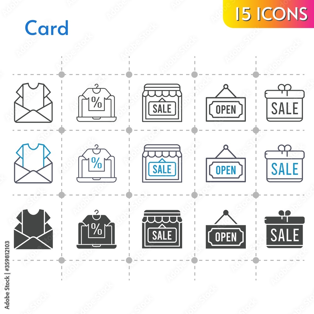 card icon set. included gift, newsletter, online shop, shop, open icons on white background. linear, bicolor, filled styles.