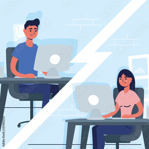 couple using desktops in virtual conference communication