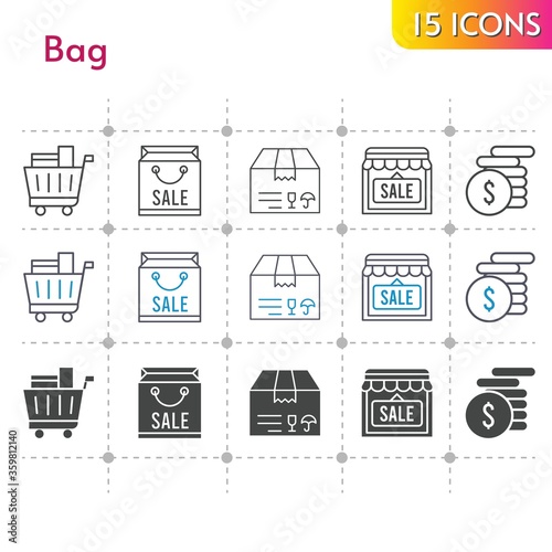 bag icon set. included shopping bag, package, shop, money, shopping cart icons on white background. linear, bicolor, filled styles.