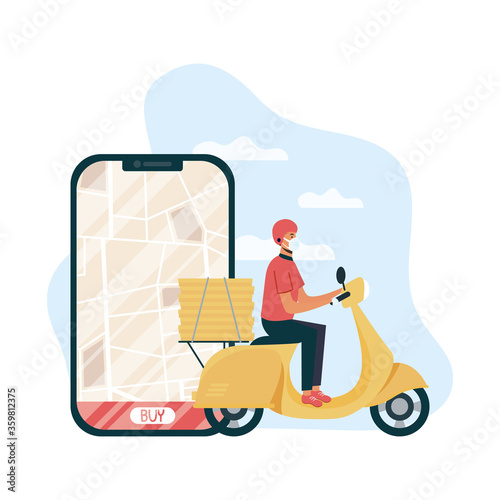 safe food delivery worker in motorcycle and smartphone