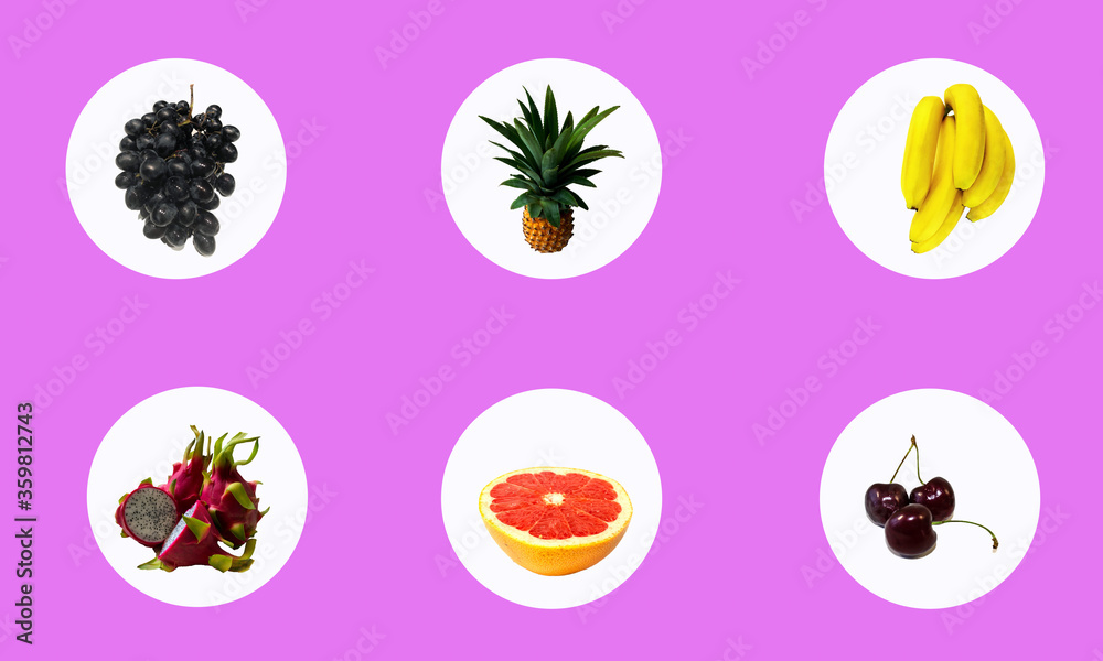 sticker icons with fruits - grapes, pineapple, bananas, Dragon fruit, grapefruit, cherries