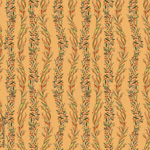 seamless pattern of branches with narrow long leaves and orange flowers on an orange background. graphic drawing.