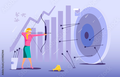 Blindfold businesswoman aiming from a bow