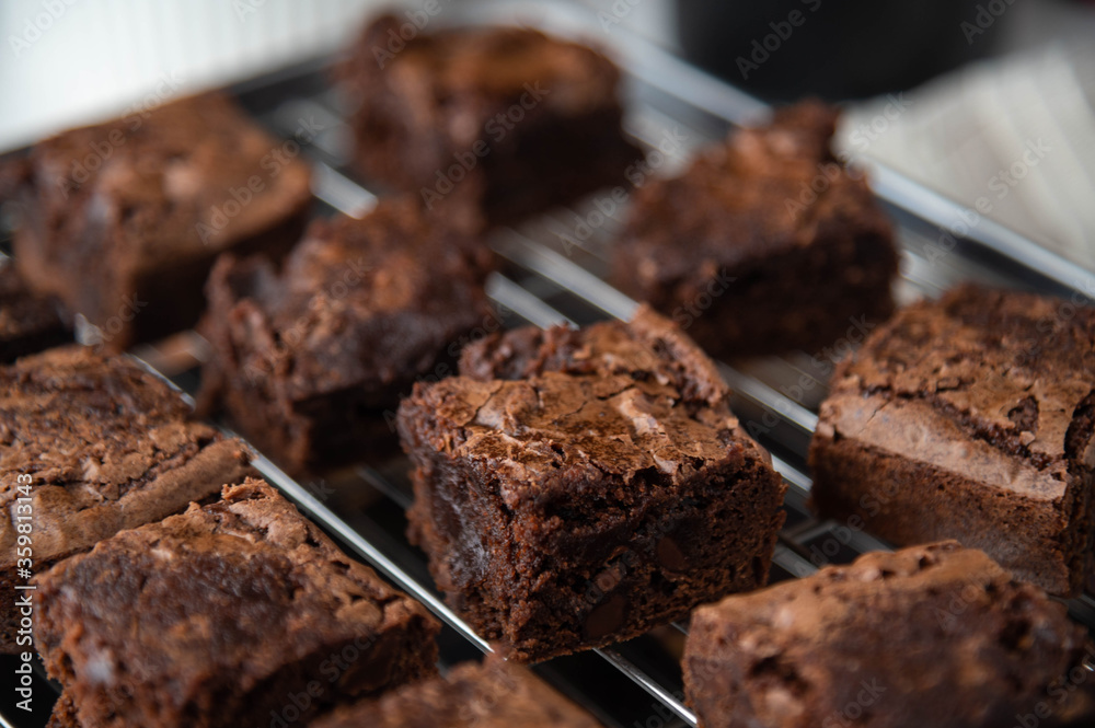 chocolate brownies with ingredients and baking tools