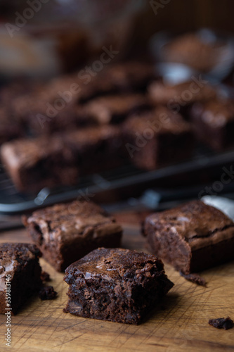 chocolate brownies with ingredients and baking tools