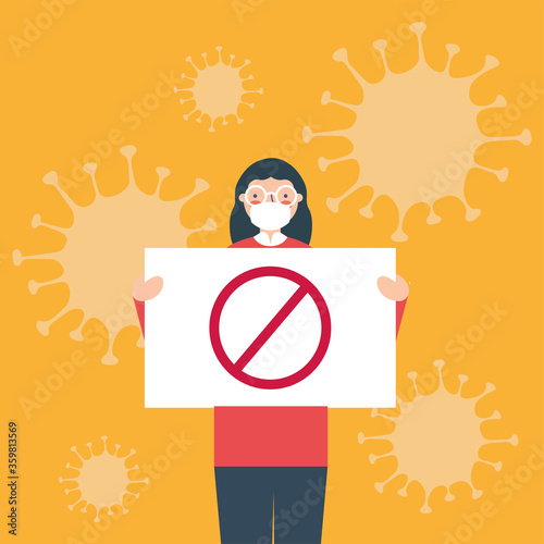Woman with medical mask and ban banner board vector design