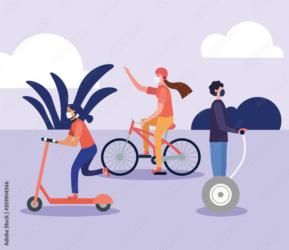 Women and man with masks on hoverboard scooter and bike vector design