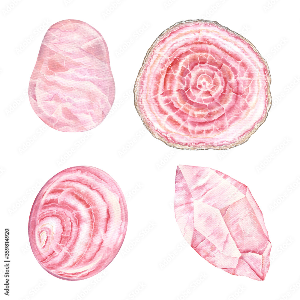 Obraz premium Heart chakra stones set. Close up illustration of pink gems drawn by hand with watercolor. Healing crystals Rose Quartz, Rhodochrosite