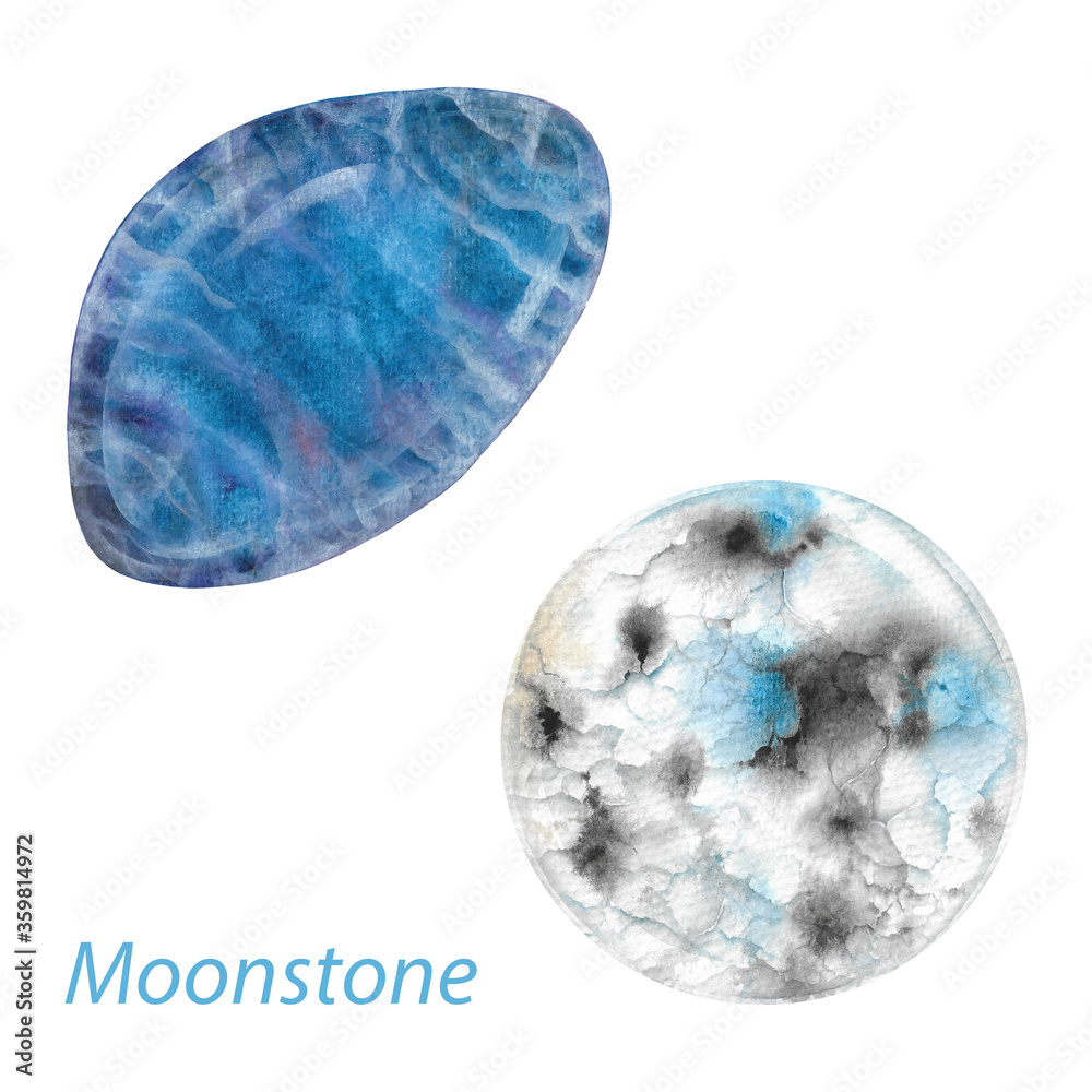 Moonstone gem set on white background. June birthstones and crown chakra stones. Hand drawn illustration of healing crystals drawn with watercolor. Boho style Moonstone gem set on white background. June birthstones and crown chakra stones. Hand drawn illustration of healing crystals drawn with watercolor. Boho style