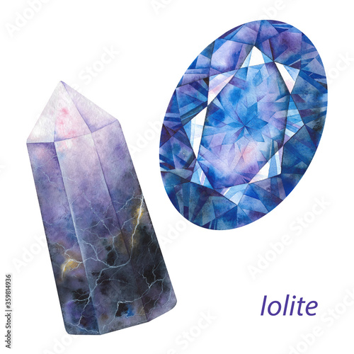 Watercolor iolite gemstones set on white background, healing crystals, blue sapphire, purple stones, third eye chakra photo