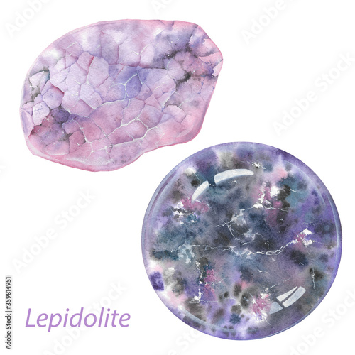 Polished purple lepidolite gemstone and sphere isolated on white background. Healing crystal. Third eye chakra stone