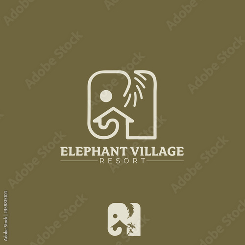 Elephant Village vector symbol, the simple modern shape of elephant combined with house shape and palm tree 