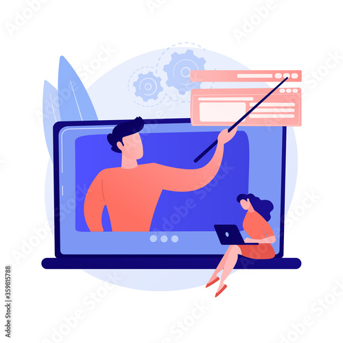 Chemistry online lessons. Biochemist presentation, science class, e learning. Laboratory worker cartoon character explaining pharmaceutical researches. Vector isolated concept metaphor illustration.
