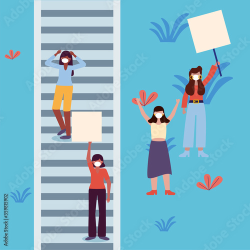 Women with masks and banners boards at stairs vector design