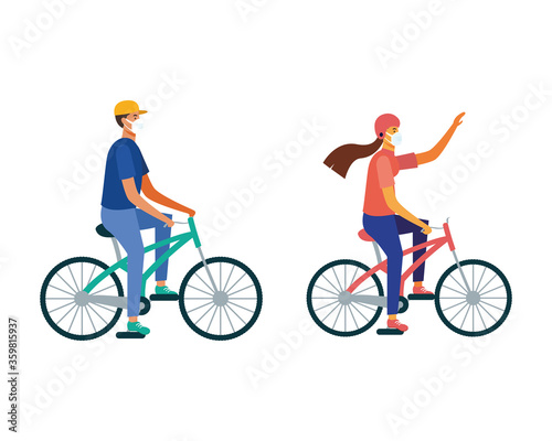 man and woman with mask riding bike vector design