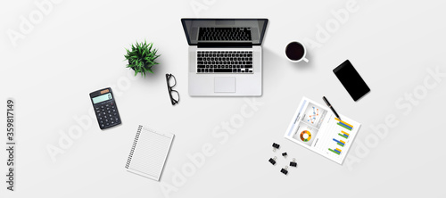 Top view business office desk with laptop, coffee, notebook, report paper and office supplies / Creative flat lay photo of workspace desk/Panoramic banner background