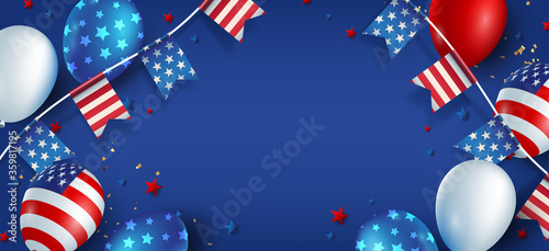 Independence day USA banner template american balloons flag and flags Garlands decor and free space.4th of July celebration poster template.fourth of july calligraphy vector illustration .