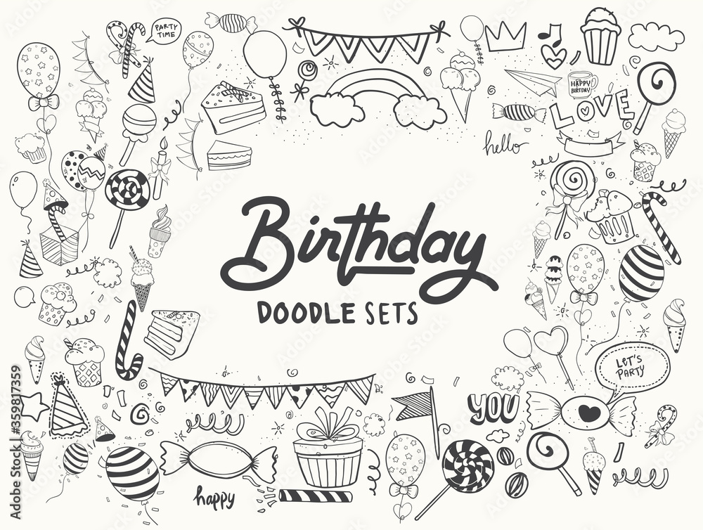 Happy Birthday background. Hand-drawn Birthday sets, party blowouts, party hats, gift boxes and bows, garlands and balloons and firework, candles on birthday pie. Happy Birthday background. Hand-drawn Birthday sets, party blowouts, party hats, gift boxes and bows, garlands and balloons and firework, candles on birthday pie.