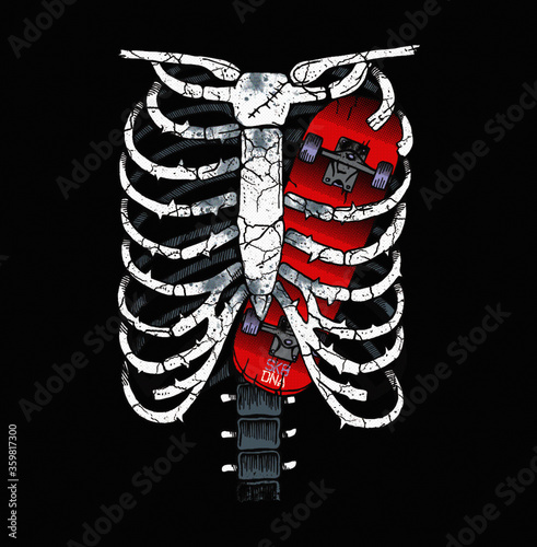 Vector illustration of rib cage with skateboard inside.