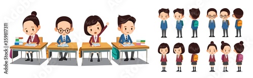 Student vector character turn. Male and female students in school uniform are studying at the school desk.