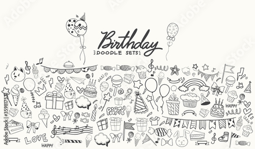 Happy Birthday background. Hand-drawn Birthday sets, party blowouts, party hats, gift boxes and bows, garlands and balloons and firework, candles on birthday pie.