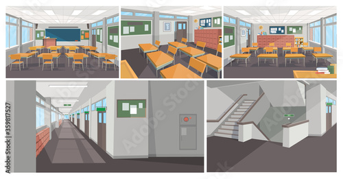 School interior background illustration. Panoramic views of classrooms, hallways and stairs from multiple angles photo