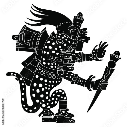 Fantastic animal. Ancient Mexican mythology. Aztec god Tezcatlipoca as monster jaguar. Black and white silhouette.