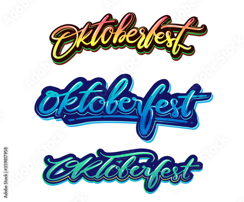 sets of Oktoberfest logotype. Beer Festival vector banner. Illustration festival design on white background. Blue, red, magenta and green white lettering typography for logo, poster, card, postcard