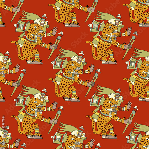 Seamless ethnic pattern with fantastic animals. Mythology of Native American Indians. Ancient Mexican mythology. Aztec god Tezcatlipoca as monster jaguar.	