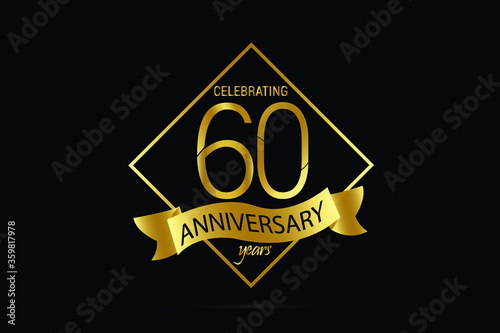60 year Luxury Black Gold anniversary jubilee, Ribbon greeting card. Birthday invitation. Gold space vector illustration on black background - Vector