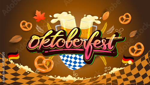 Oktoberfest beer festival, banner and poster template with Oktoberfest calligraphy hand lettering and beer. beer festival in German