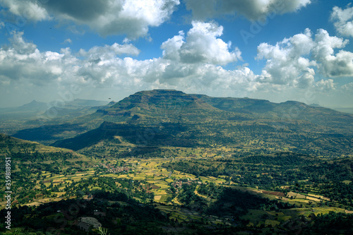Scenic view hills, lakes, farmlands from Kalsubai Peak the Highest point of the Sahyadris (1646 M) range