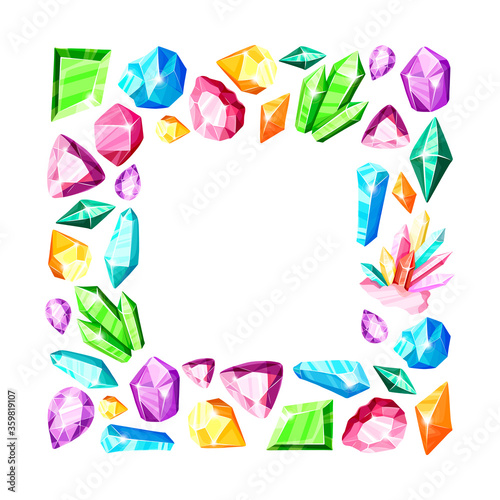 Square frame - colorful rainbow crystals or blue, golden, green, pink, violet gems, isolated on white background, composition with gemstones, quartz, minerals, diamonds, flat vector illustration