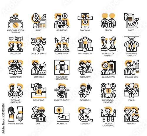 Set of business corruption thin line and pixel perfect icons for any web and app project.