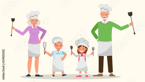Happy family cooking together character vector design.